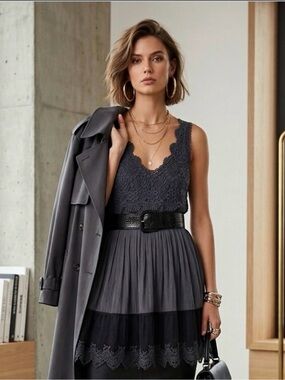 Lace-Trim Dark Gray Layered Cami Top